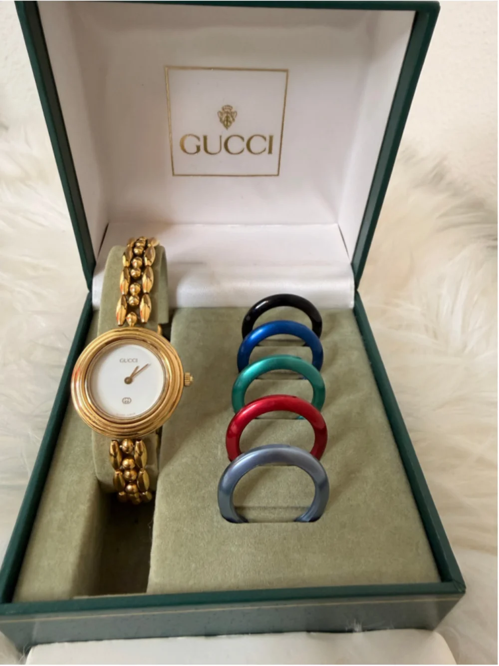 Gucci Interchangeable Bezel Rice Link Watch, w/ 6 metal bezels, box & paperwork